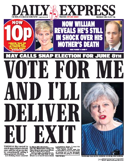Daily Express Newspaper Front Page (UK) for 19 April 2017