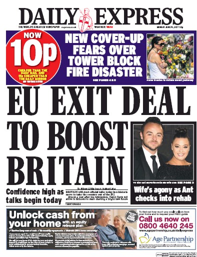 Daily Express Newspaper Front Page (UK) for 19 June 2017