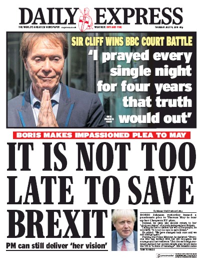 Daily Express Newspaper Front Page (UK) for 19 July 2018