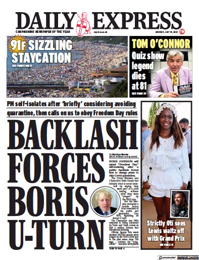Daily Express Newspaper Front Page (UK) for 19 July 2021