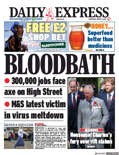 Daily Express Newspaper Front Page (UK) for 19 August 2020