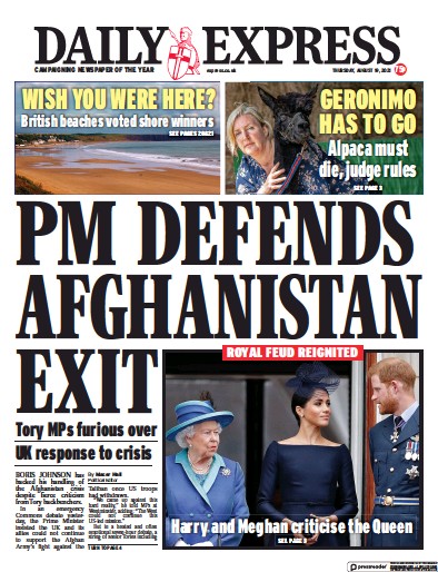 Daily Express Newspaper Front Page (UK) for 19 August 2021