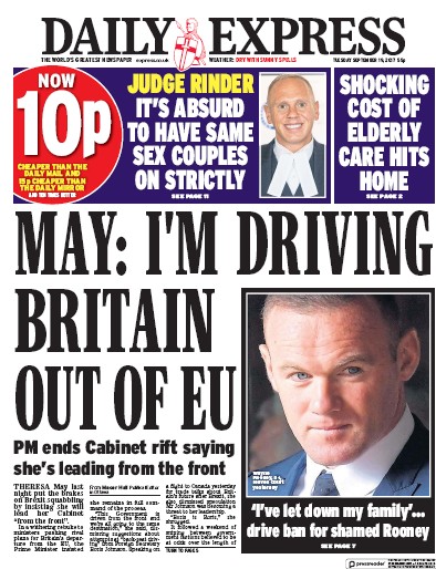 Daily Express Newspaper Front Page (UK) for 19 September 2017
