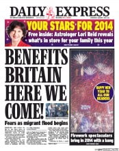 Daily Express Newspaper Front Page (UK) for 1 January 2014