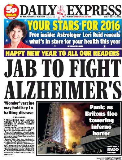 Daily Express Newspaper Front Page (UK) for 1 January 2016