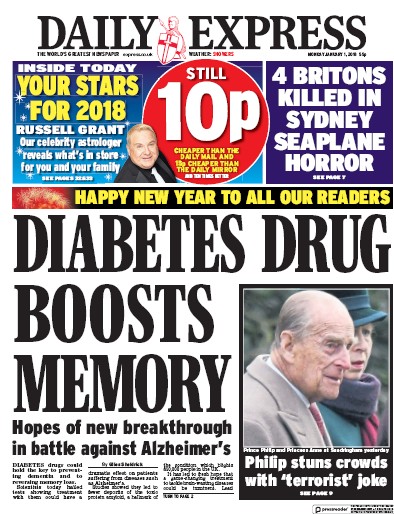 Daily Express Newspaper Front Page (UK) for 1 January 2018