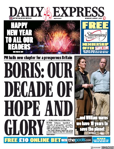 Daily Express Newspaper Front Page (UK) for 1 January 2020