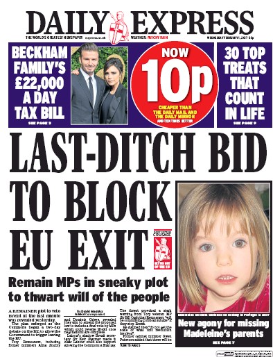 Daily Express Newspaper Front Page (UK) for 1 February 2017