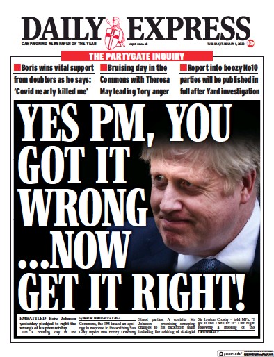 Daily Express Newspaper Front Page (UK) for 1 February 2022