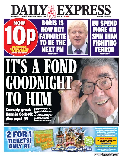 Daily Express Newspaper Front Page (UK) for 1 April 2016