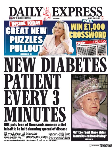 Daily Express Newspaper Front Page (UK) for 1 April 2019