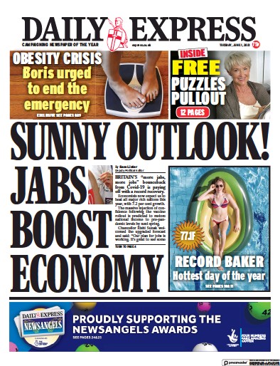 Daily Express Newspaper Front Page (UK) for 1 June 2021