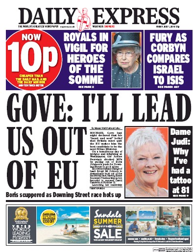 Daily Express Newspaper Front Page (UK) for 1 July 2016