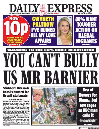 Daily Express Newspaper Front Page (UK) for 1 September 2017