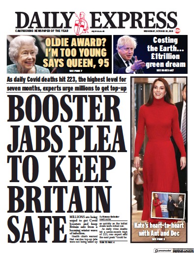 Daily Express Newspaper Front Page (UK) for 20 October 2021