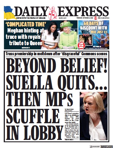 Daily Express Newspaper Front Page (UK) for 20 October 2022