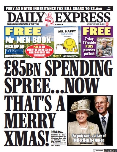 Daily Express Newspaper Front Page (UK) for 20 November 2021
