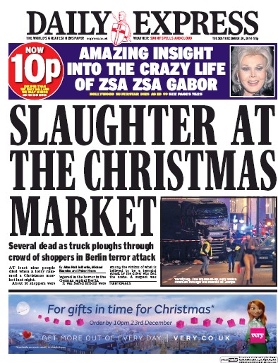 Daily Express Newspaper Front Page (UK) for 20 December 2016