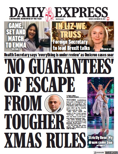 Daily Express Newspaper Front Page (UK) for 20 December 2021