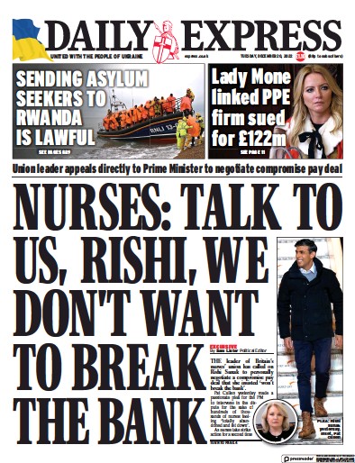 Daily Express Newspaper Front Page (UK) for 20 December 2022