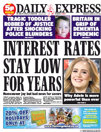 Daily Express Newspaper Front Page (UK) for 20 January 2016