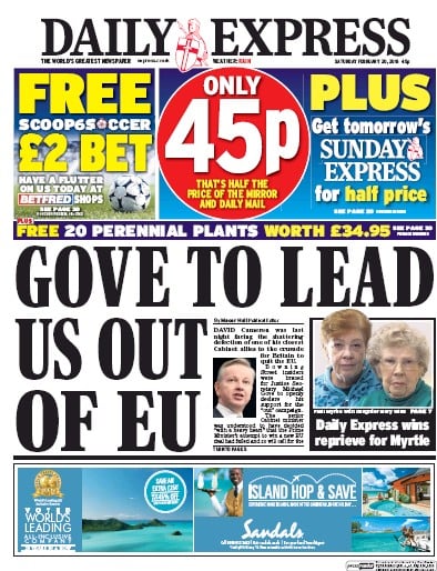 Daily Express Newspaper Front Page (UK) for 20 February 2016