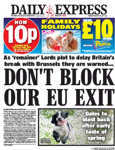 Daily Express Newspaper Front Page (UK) for 20 February 2017