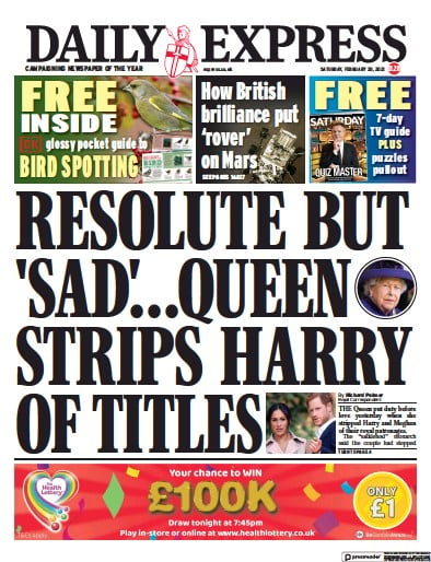 Daily Express Newspaper Front Page (UK) for 20 February 2021
