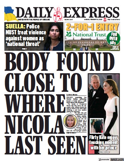 Daily Express Newspaper Front Page (UK) for 20 February 2023