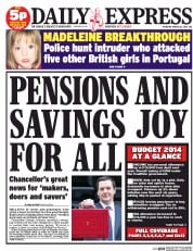Daily Express (UK) Newspaper Front Page for 20 March 2014