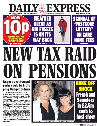 Daily Express Newspaper Front Page (UK) for 20 March 2017