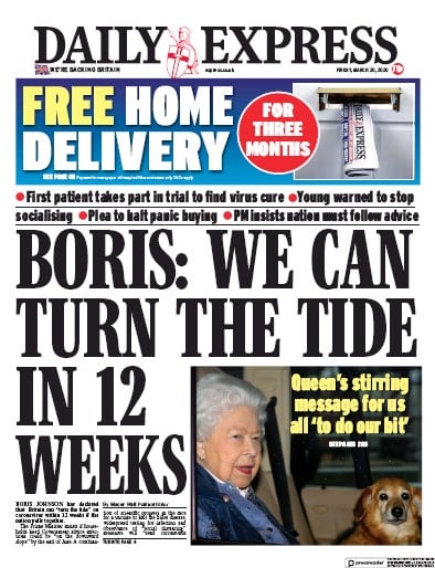 Daily Express Newspaper Front Page (UK) for 20 March 2020