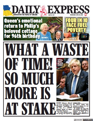 Daily Express Newspaper Front Page (UK) for 20 April 2022