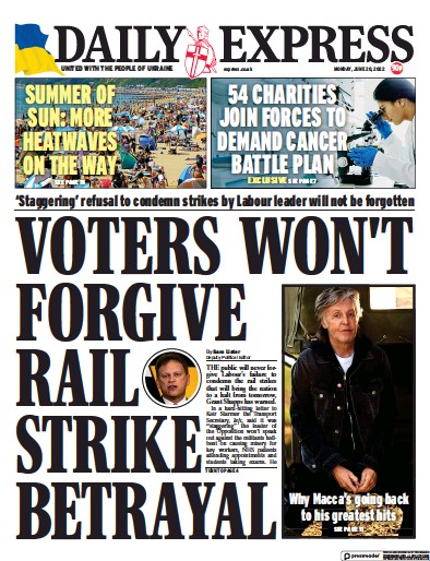 Daily Express Newspaper Front Page (UK) for 20 June 2022