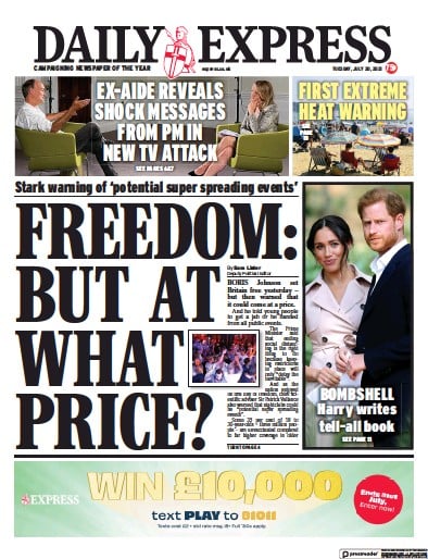 Daily Express Newspaper Front Page (UK) for 20 July 2021