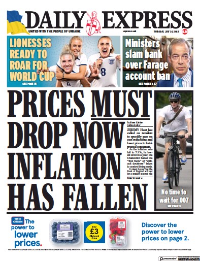 Daily Express Newspaper Front Page (UK) for 20 July 2023