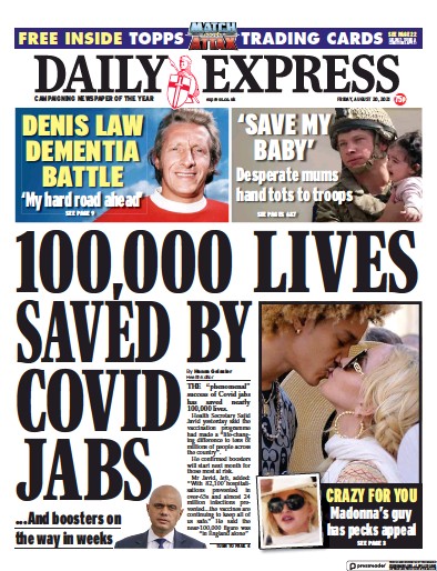 Daily Express Newspaper Front Page (UK) for 20 August 2021