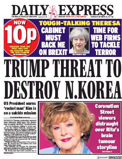 Daily Express Newspaper Front Page (UK) for 20 September 2017
