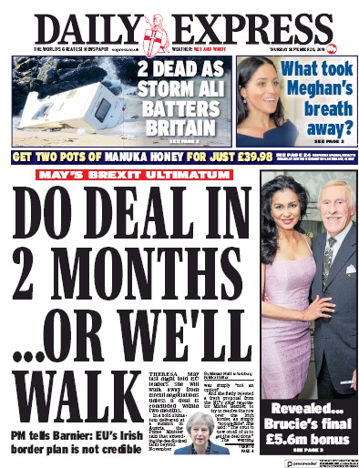 Daily Express Newspaper Front Page (UK) for 20 September 2018