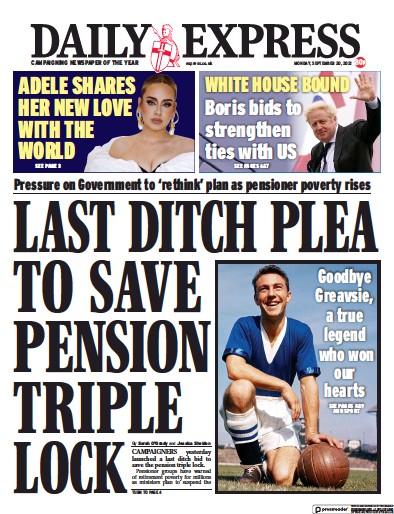 Daily Express Newspaper Front Page (UK) for 20 September 2021