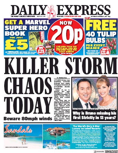 Daily Express Newspaper Front Page (UK) for 21 October 2017