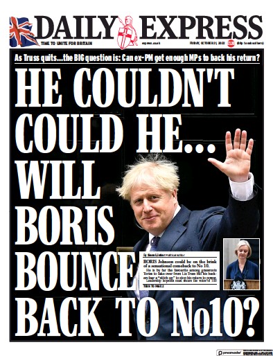 Daily Express Newspaper Front Page (UK) for 21 October 2022