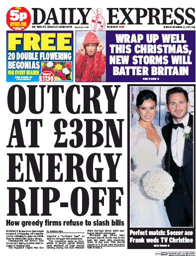 Daily Express Newspaper Front Page (UK) for 21 December 2015