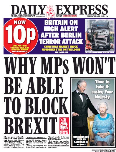 Daily Express Newspaper Front Page (UK) for 21 December 2016