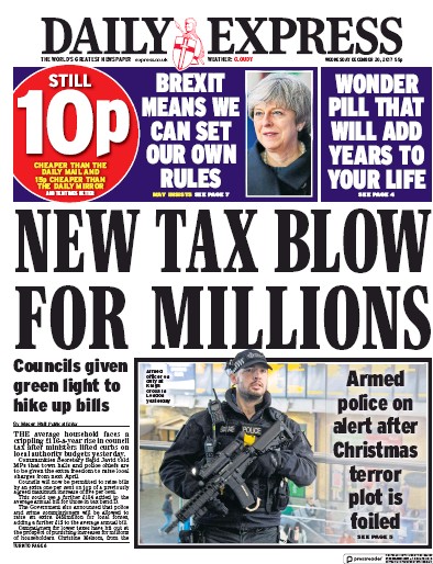 Daily Express Newspaper Front Page (UK) for 21 December 2017
