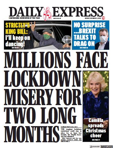 Daily Express Newspaper Front Page (UK) for 21 December 2020
