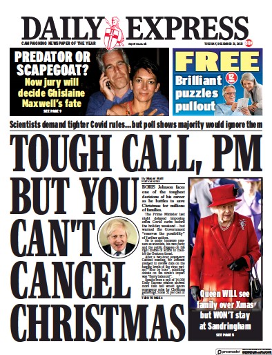 Daily Express Newspaper Front Page (UK) for 21 December 2021