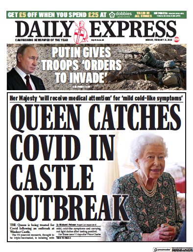 Daily Express Newspaper Front Page (UK) for 21 February 2022
