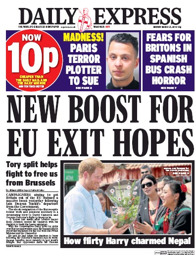 Daily Express Newspaper Front Page (UK) for 21 March 2016