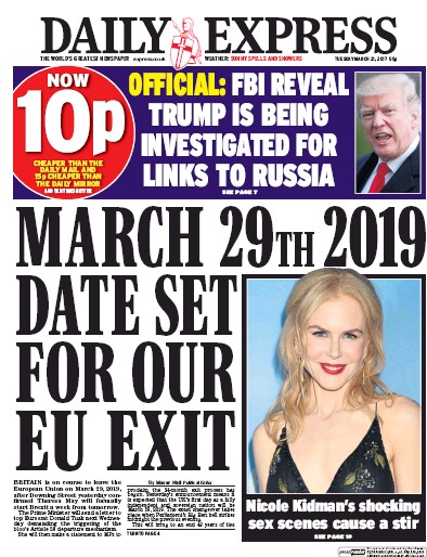 Daily Express Newspaper Front Page (UK) for 21 March 2017